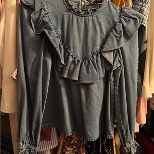 Sea New York Denim Puff Sleeve Ruffled Blouse